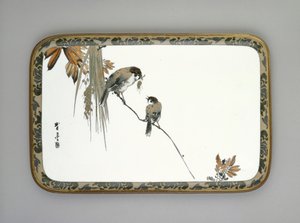 Tablett mit zwei Spatzen auf einem Ast, ca. 1880